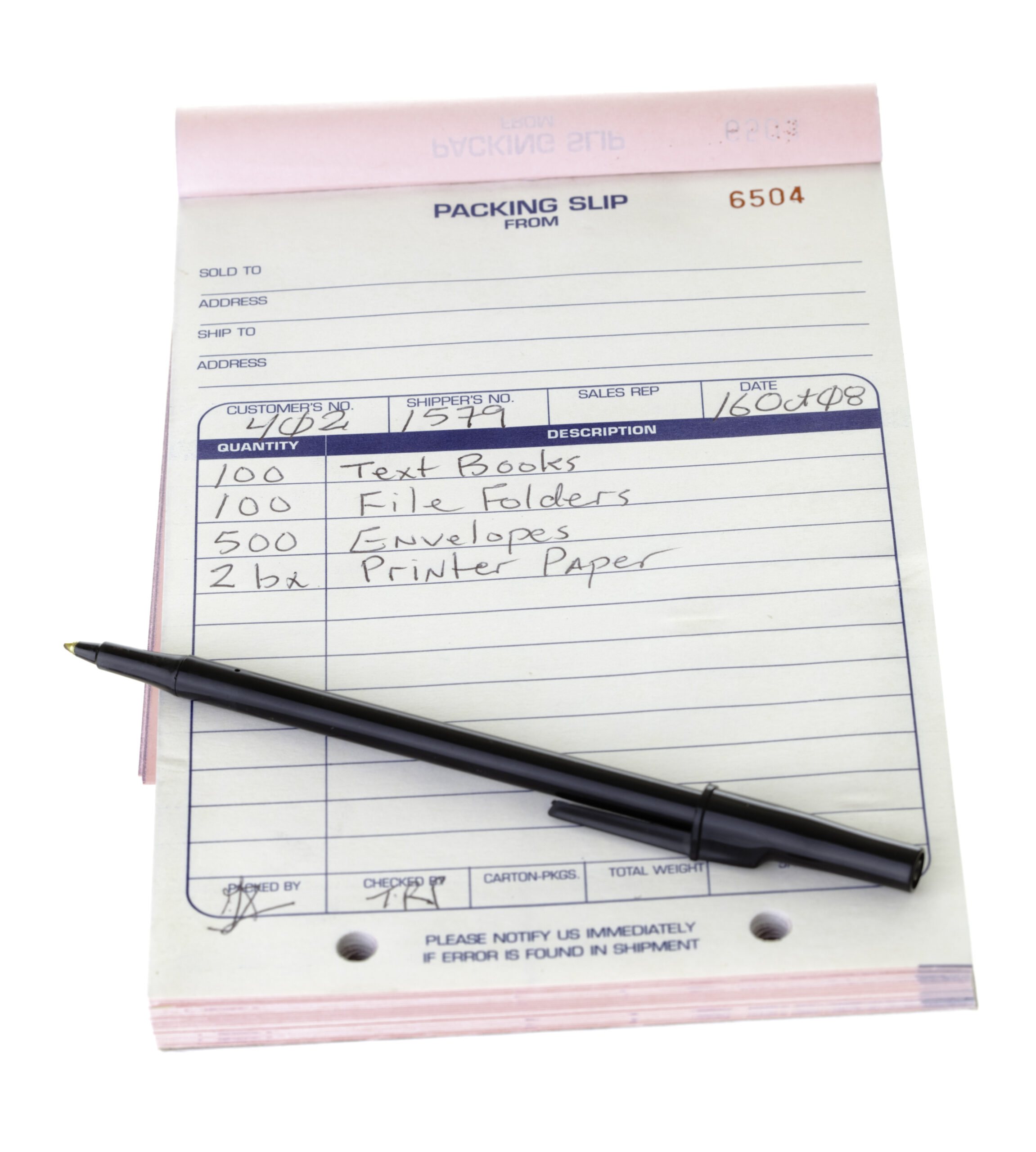 Packing,Slip,List,,Pen,,Pad,Isolated,White,Background